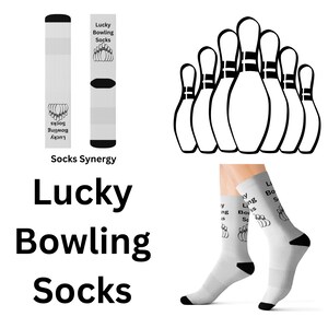 May include: White socks with black accents and a bowling pin graphic. The text "Lucky Bowling Socks" is printed on the socks. The image also includes a graphic of bowling pins and the text "Socks Synergy".