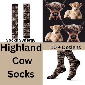 Highland Cow Socks custom fun cool trendy gift present holiday personalized women&#39;s men&#39;s pattern customized calf farmer