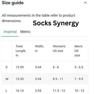 May include: Size guide for Socks Synergy, showing sock measurements in inches. Includes total length and width, along with women's and men's US sizes for small, medium, and large sizes.