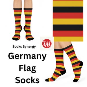 May include: A pair of black, yellow, and red striped socks with the German flag colors. The socks are shown on a model's legs. The text "Socks Synergy" and "Germany Flag Socks" is also shown in the image.