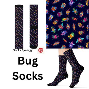 May include: Bug socks with a navy blue background and a colorful insect pattern. The socks are shown flat and on a person's legs. The text "Bug Socks" is displayed in large black letters.