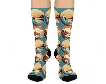 Ocean Wave Muster gepolsterte Crew Socken, gemütliche Socken für Strandliebhaber, ideales Geschenk für Sommer, Urlaub Essentials, lustiges Mode-Accessoire