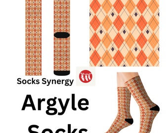 Calzini arancioni Argyle personalizzati, divertenti, alla moda, regalo per le vacanze, personalizzati con nome e data, da donna e da uomo, con motivo.