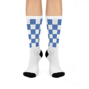 Retro Blue Checkered Crew Socks, Comfortable Socks for Everyday Wear, Gift for Sock Lovers, Fashionable Statement Socks, Cozy Socks for Home