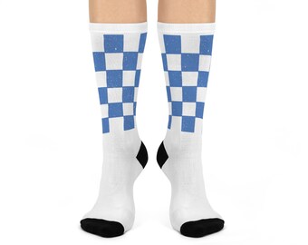 Retro Blue Checkered Crew Socks, Comfortable Socks for Everyday Wear, Gift for Sock Lovers, Fashionable Statement Socks, Cozy Socks for Home
