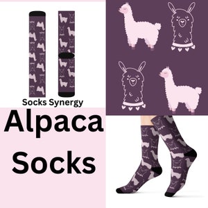 May include: Purple socks with an all-over pattern of white and light purple alpacas. The socks are displayed flat and on a person's feet. The words "Socks Synergy" and "Alpaca Socks" are also visible.