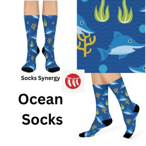 Whimsical Underwater Crew Socks, Fun Fish Pattern Socks, Nautical Gift for Ocean Lovers, Cozy Everyday Wear