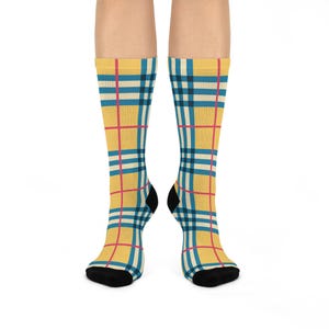 Yellow Blue Plaid Cushioned Crew Socks - Cozy Fashion Statement All Occasions, Perfect Gift for Holidays, Daily Comfort, and Stylish Outfit