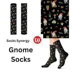 May include: Black socks with a repeating pattern of garden gnomes, mushrooms, snails, and foliage. The socks are displayed flat and on a person's feet. The words "Socks Synergy" and "Gnome Socks" are also visible.