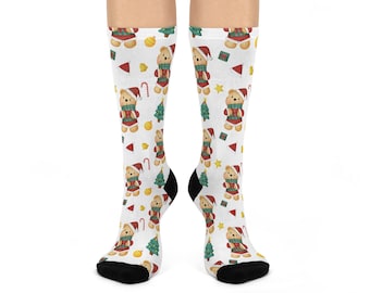 Festive Bear Crew Socks, Cozy Holiday Socks, Cute Christmas Socks, Fun Gift for Her, Winter Accessories, Stocking Stuffer