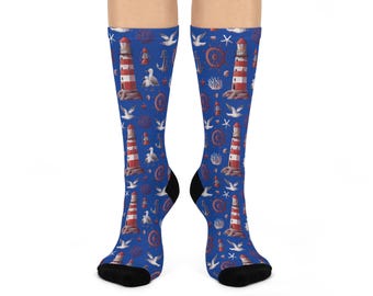 Küstenleuchtturm Crew Socken | Wassergeschenk, bequeme Schuhe, Sommerstil, Strandreisesocken, einzigartiges Zubehör