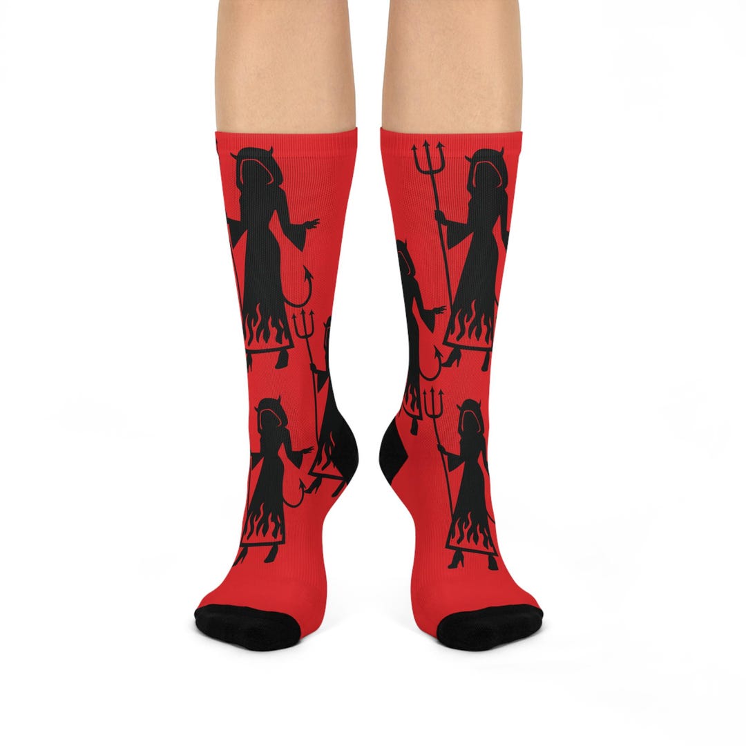 Devil Girl Silhouette Crew Socks | Red Black Trident Flame Pattern - Etsy