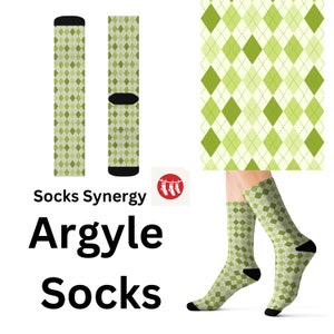 May include: A pair of green and white argyle socks with a black cuff. The socks are shown on a model's feet and as a flat lay.