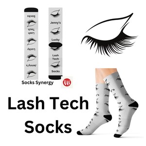 May include: White socks with a black heel and toe, featuring a repeating eyelash design and the words "Jenny's", "Lucky", and "Lash Tech". The words "Lash Tech Socks" are printed in large black letters.