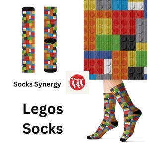 May include: A pair of colorful socks with a Lego brick pattern. The socks are shown on a model's feet. The text "Socks Synergy" and "Legos Socks" is also shown.