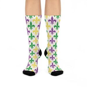 Fleur de Lis Cushioned Crew Socks  Comfortable Patterned Socks for Mardi Gras, Gift for Her, Fun Everyday Wear, Cozy Home Accessory,