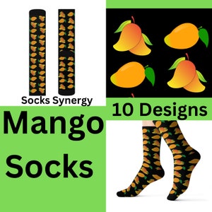 May include: Black socks with a repeating pattern of orange and yellow mangoes. The image also shows a pair of socks with the same design, and a graphic of mangoes on a black background. The text "Mango Socks" is displayed.
