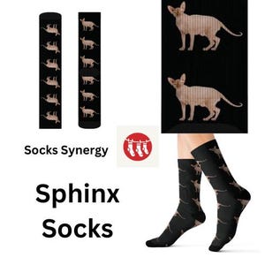 May include: Black socks featuring a repeating pattern of a Sphynx cat in a light brown color. The socks are displayed with a matching pair and a close-up of the cat design. The words "Sphinx Socks" are printed in large, bold letters.