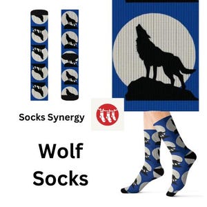 May include: Blue socks with a repeating pattern of a howling wolf in front of a full moon. The socks are displayed with a matching design on a blue background. The words "Wolf Socks" are printed in black.