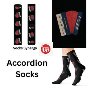 May include: A pair of socks with a repeating pattern of accordions. The socks are black with red, blue, and white accordions. The socks are shown on a white background with the text "Socks Synergy" and "Accordion Socks".