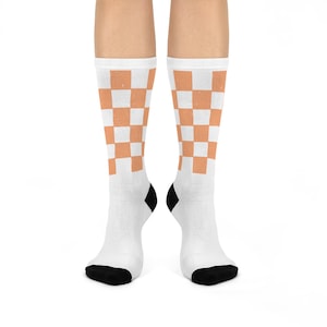 Orange Cheerful Checkerboard Crew Socks | Fun, Cozy, Gift Idea, Casual Wear, Unique Socks for Holidays, Birthdays