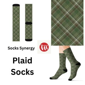 May include: Green plaid socks with black heels and toes. The socks are displayed on a white background, with a matching plaid pattern shown separately. The text "Socks Synergy" and "Plaid Socks" are also visible.