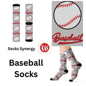 May include: Gray baseball socks with a repeating baseball pattern and the word "Baseball". The socks are displayed on a white background. The image also includes a baseball graphic and the text "Socks Synergy".