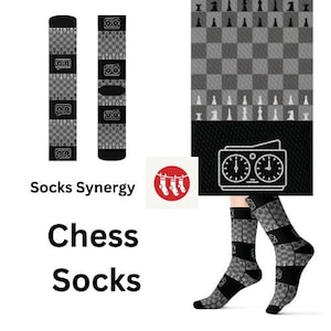 May include: A pair of black and white socks with a chessboard pattern and a chess clock graphic. The socks are shown on a model with a chessboard background. The text "Chess Socks" is displayed below the image.