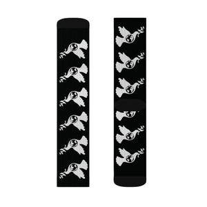 World Peace dove Socks for Cozy Comfort, Gift for Her, Holiday Wear, Fun Sock Gift, Sublimation Black & White Design
