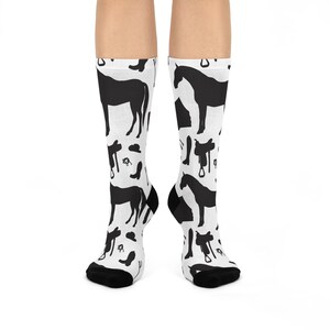 Equestrian-Themed Cushioned Crew Socks, Horse Lover Gift, Black Horse Socks, Comfortable Riding Socks, Animal Print Fashion