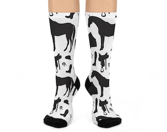 Equestrian-Themed Cushioned Crew Socks, Horse Lover Gift, Black Horse Socks, Comfortable Riding Socks, Animal Print Fashion