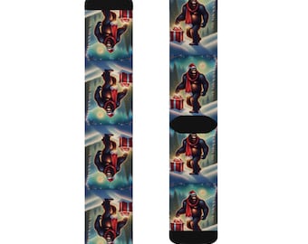 Festive Bigfoot Socks, Fun Holiday Socks, Unique Gift for Him or Her, Cozy Sublimation Socks for Christmas, Party Accessories