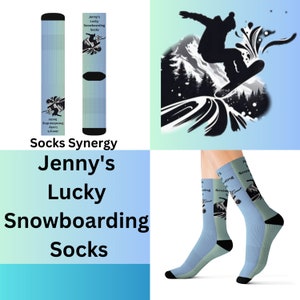 May include: Light blue and green snowboarding socks with the text "Jenny's Lucky Snowboarding Socks". The socks feature a graphic of a snowboarder and the words "Socks Synergy".