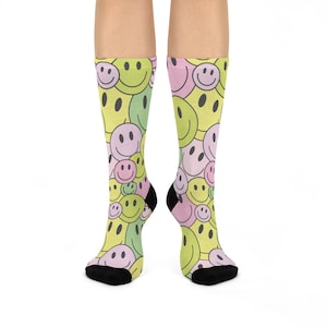 Happy Face Cushioned Crew Socks  Fun, Colorful, Cozy Socks for Relaxation, Gift for Friends, Festival Wear, Cheerful Vibes
