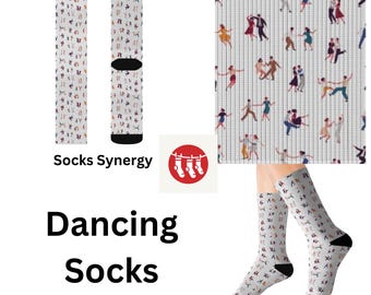 May include: White socks with a repeating pattern of dancing figures in various colors. The socks have black heels and toes. The words "Dancing Socks" are displayed below the socks.