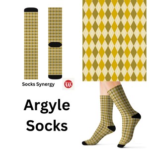 May include: Argyle socks in shades of gold, olive, and cream, with black accents on the toe and heel. The socks feature a classic diamond pattern. The image also shows a close-up of the argyle pattern and the text "Argyle Socks" and "Socks Synergy".
