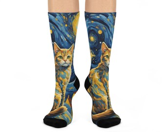 Cat starry night Cushioned Crew Socks | Cozy Pet Lover Gift, Unique Cat Socks, Fun Socks for Cat Lovers, Cat-Themed Apparel, Birthday Gift