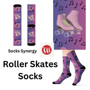 May include: Roller skates socks with a purple and pink gradient background. The socks feature a pattern of pink roller skates and musical notes. The words "Socks Synergy" and "Roller Skates Socks" are also visible.