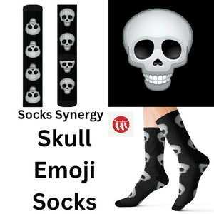 May include: Black socks with a repeating white skull emoji pattern. The image also shows a close-up of a skull emoji and the text "Socks Synergy Skull Emoji Socks".