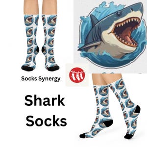 Shark Attack Cushioned Crew Socks, Fun Gift for Ocean Lovers, Adorable Shark Pattern, Cozy Wear for Everyday or Holidays, Nautical Style