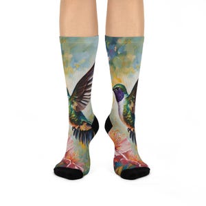 Colorful Hummingbird Crew Socks, Cozy Gift for Bird Lovers, Unique Holiday Sock for Women and Men, Perfect for Birthdays, Nature-Inspired,