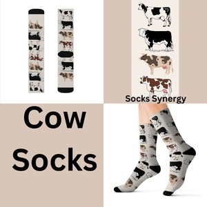 May include: A pair of socks with a cow print design. The socks are white with black and brown cows printed on them. The socks are shown on a model's legs. The text "Socks Synergy" is printed on the background.