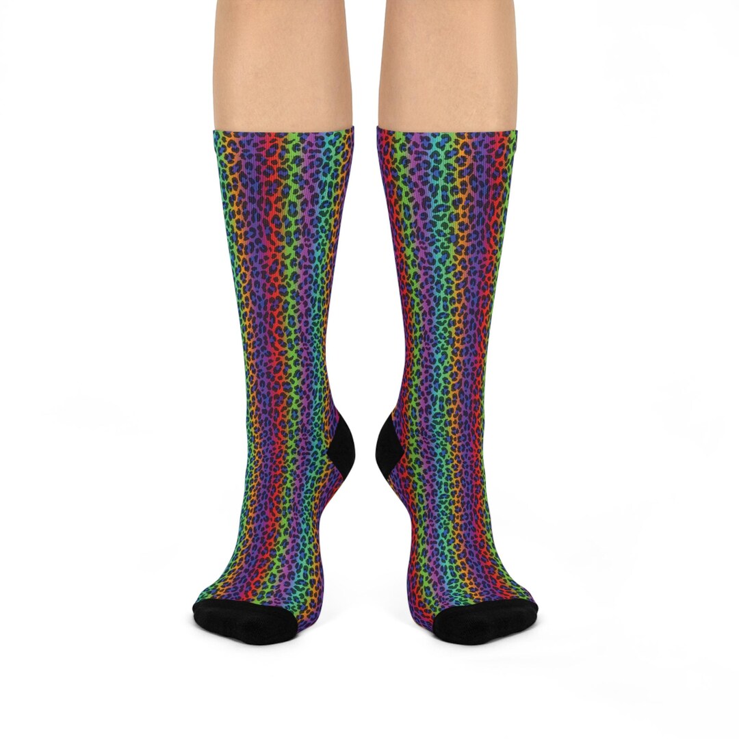 Rainbow Leopard Print Cushioned Crew Socks Colorful Animal Pattern Etsy