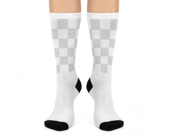 Gray Trendy Checkerboard Crew Socks | Cozy Footwear for Stylish Days, Great for Gifts, Casual Wear, Sock Lovers, Holiday Fashion