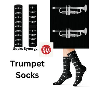 May include: Black socks with a white trumpet pattern. The socks are displayed on a person's legs, with a close-up of the socks and a pair of socks laid flat. The words "Socks Synergy" and "Trumpet Socks" are also visible.