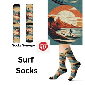 May include: Surf socks with a repeating pattern of surfers, waves, and sunsets in shades of orange, blue, and beige. The socks are displayed on a person's feet and also shown flat. The words "Surf Socks" are printed below the socks.