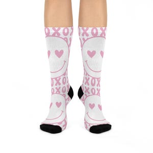 Cute Smiley Face Socks, Fun Crew Socks for Women, Valentine's Day Gift, Cozy Footwear, Happy Vibes, Fashionable Accessories, XOXO Style