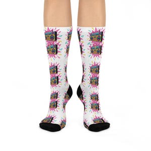 Vibrant Retro Boom Box Crew Socks, Fun Casual Wear, Perfect Gift for Music Lovers, Cozy Holiday Accessory, Festival Hit!