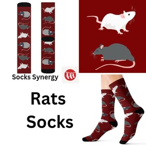 May include: Two pairs of socks with a red background and a pattern of rats. The socks are shown on a model's legs. The text "Socks Synergy" and "Rats Socks" is also shown.