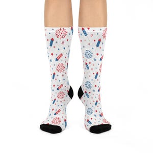 Fireworks Patriotic Cushioned Crew Socks for Celebrations, Fireworks Socks, 4th of July Accessories, Summer Festivities, USA Pride Socks